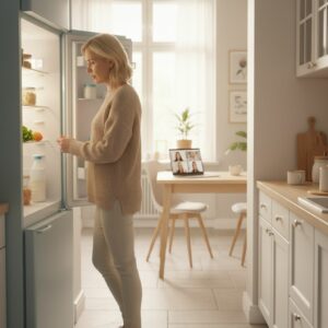 Femme en télétravail ouvrant le réfrigérateur d’un air hésitant, ordinateur en visioconférence sur la table à distance, illustrant la tentation du grignotage pendant le télétravail.