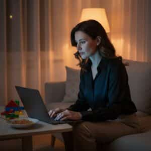 Femme cadre d’environ 45 ans travaillant tard le soir sur son ordinateur portable dans son salon. La lumière bleue de l’écran contraste avec la lumière chaude de la pièce, illustrant les inconvénients du télétravail, notamment la difficulté à séparer vie professionnelle et vie personnelle.