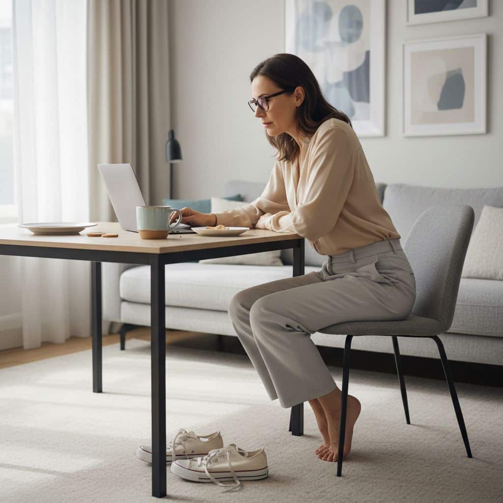 Femme cadre d’environ 50 ans en télétravail, assise seule devant son ordinateur portable dans un salon moderne. Ses baskets sont posées au sol, illustrant la sédentarité et l’isolement, deux inconvénients du télétravail.
