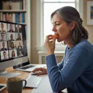 Femme d’environ 50 ans en télétravail dans une cuisine lumineuse, prenant une mandarine épluchée devant son ordinateur, symbole d’une collation saine pour éviter le grignotage en télétravail.