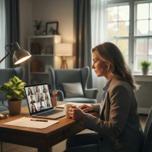 Femme cadre d’environ 50 ans en télétravail, participant à une visioconférence depuis son salon. Elle tient une tasse de café à la main, symbole du manque d’interactions réelles et de convivialité, l’un des principaux inconvénients du télétravail.