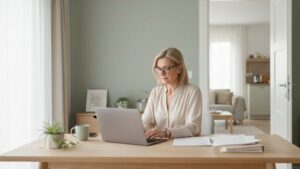 Femme de 50 ans travaillant dans une pièce dédiée au télétravail, concentrée devant son ordinateur portable, illustrant comment éviter le grignotage en télétravail grâce à un espace bien séparé de la cuisine.