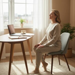 Femme d’environ 50 ans assise à son bureau, yeux fermés, pratiquant un exercice de respiration consciente devant son ordinateur dans une pièce paisible et lumineuse, pour apprendre à gérer son stress en télétravail.