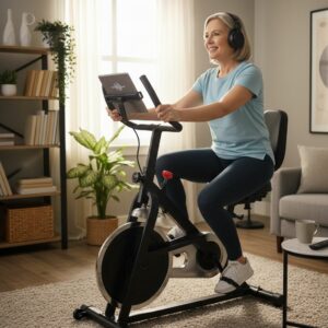 Femme d’environ 50 ans souriante faisant du vélo d’appartement dans son salon lumineux, illustrant comment retrouver la forme en télétravail grâce à l’activité physique à domicile.