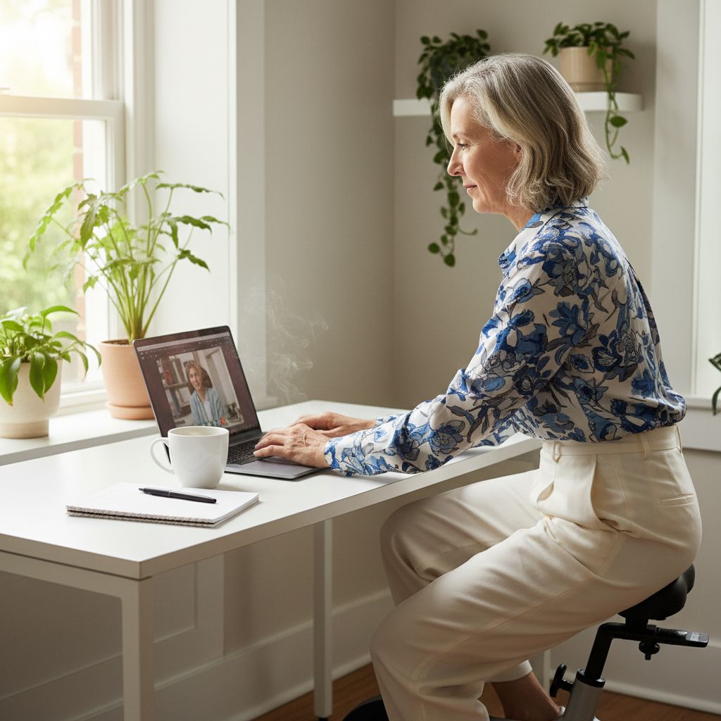 Dirigeante d'une cinquantaine d'années travaillant sur son ordinateur depuis son bureau à domicile tout en pédalant sur un desk bike, illustrant comment retrouver la forme en télétravail grâce à l’activité physique au quotidien.