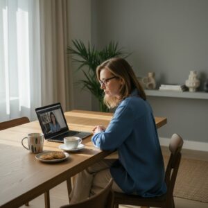 Femme cadre d’environ 50 ans en télétravail, assise à une table avec un ordinateur portable, une tasse de café et une assiette de biscuits. La scène illustre les impacts du télétravail sur la prise de poids, notamment à travers le grignotage et le déséquilibre des habitudes alimentaires.