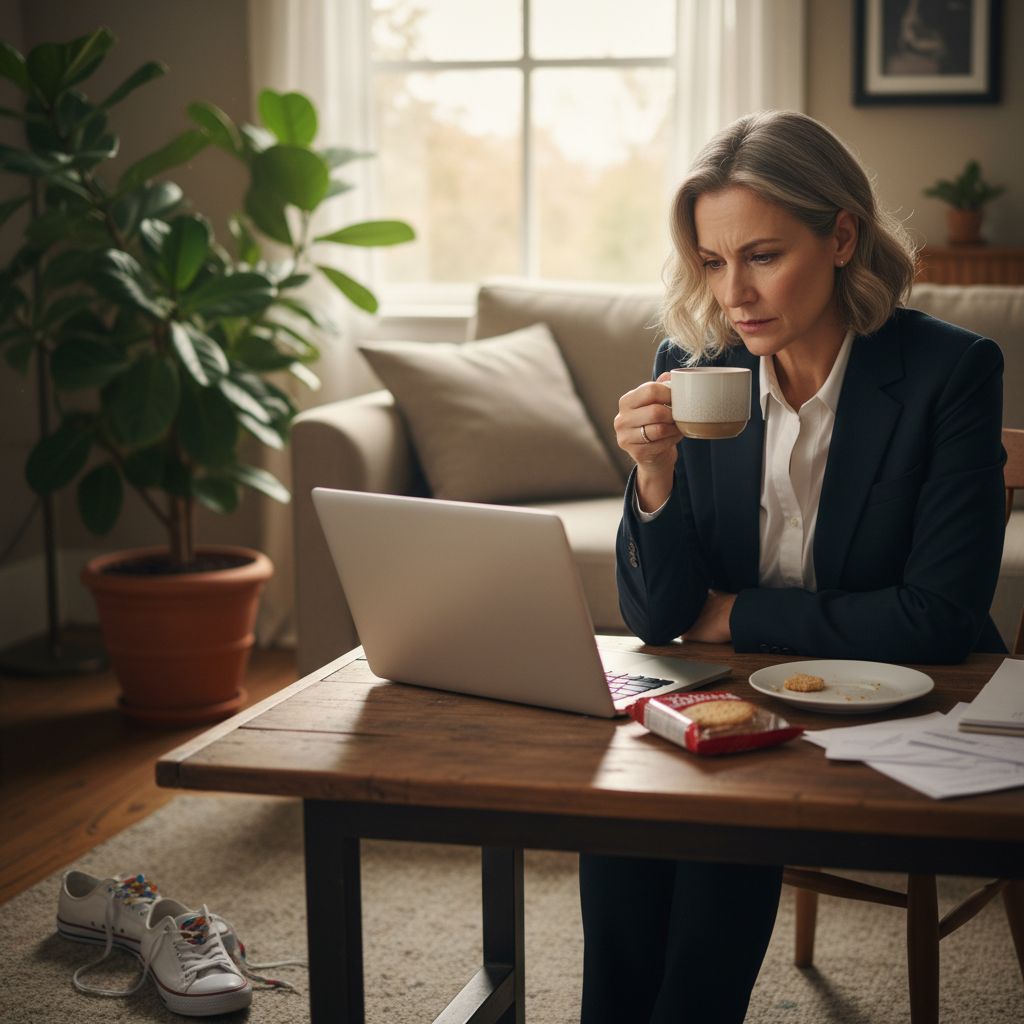 Femme cadre d’une cinquantaine d’années en télétravail, assise à la table de son salon avec un ordinateur portable, une tasse de café et des biscuits.