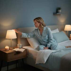 Femme cadre d’environ 50 ans portant un pyjama bleu clair, assise sur son lit dans une chambre calme et épurée. Elle éteint une lampe de chevet, avec à côté une tasse de tisane, un livre ouvert et une bougie allumée. L’image illustre l’importance d’un sommeil réparateur pour réduire les effets du télétravail sur la santé.