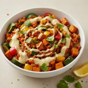 Bowl de lentilles corail et légumes rôtis, recette végétarienne complète pour un repas sain à la maison.