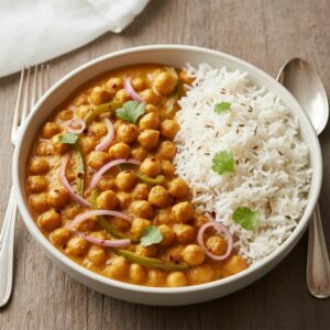 Curry express de pois chiches au lait de coco, plat chaud et rassasiant pour le télétravail.
