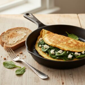 L'une des quinze recettes rapides pour le midi en télétravail est l'omelette chaude aux épinards et feta, plat express idéal pour un déjeuner équilibré.