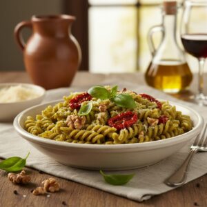 recettes rapides pour le midi en télétravail : Pâtes complètes au pesto et tomates séchées. 