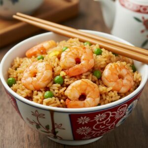 Riz sauté aux crevettes et petits pois, recette rapide et équilibrée pour les pauses déjeuner à la maison.