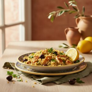 Salade tiède de boulgour, poulet et olives, repas équilibré et plein de saveurs. L'une des recettes rapides pour le midi en télétravail
