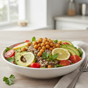 L'une des quinze recettes rapides pour le midi en télétravail est la salade de quinoa, avocat et pois chiches.