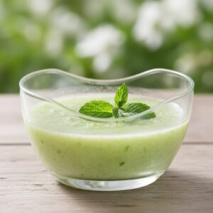 Soupe froide de concombre et menthe, idée fraîche et légère pour un déjeuner d’été en télétravail.