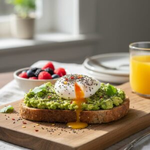 Tartine à l’avocat et œuf poché, repas rapide et équilibré pour télétravailleurs pressés.