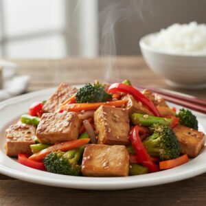Wok de tofu et légumes croquants, plat végétarien coloré et riche en protéines pour le télétravail.