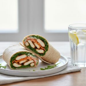 La deuxième recette rapidespour le midi en télétravail est le wrap au poulet grillé et légumes croquants.