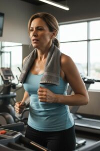 Femme d’environ 50 ans courant sur un tapis de course dans une salle de sport. Elle transpire abondamment et semble fatiguée, illustrant la difficulté de trouver du temps et de l’énergie pour faire du sport lorsqu’on cherche comment perdre du poids avec un emploi du temps chargé.