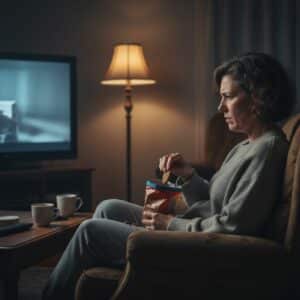 Une femme de plus de 45 ans est assise sur un canapé avec un paquet de biscuits ouvert, tenant un biscuit à la main tout en semblant hésitante et perdue dans ses pensées.
