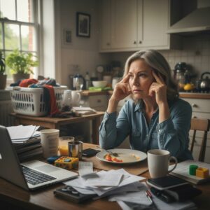 Une femme de plus de 45 ans regarde un plan alimentaire avec lassitude illustrant l’échec des régimes quand la charge mentale est trop élevée et la difficulté à gérer sa charge mentale pour maigrir durablement
