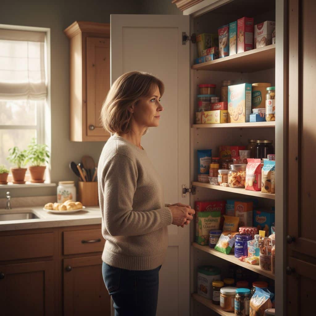 Une femme de plus de 45 ans hésitant devant un placard rempli de nourriture, illustrant comment arrêter de manger ses émotions lorsqu’une envie émotionnelle apparaît.