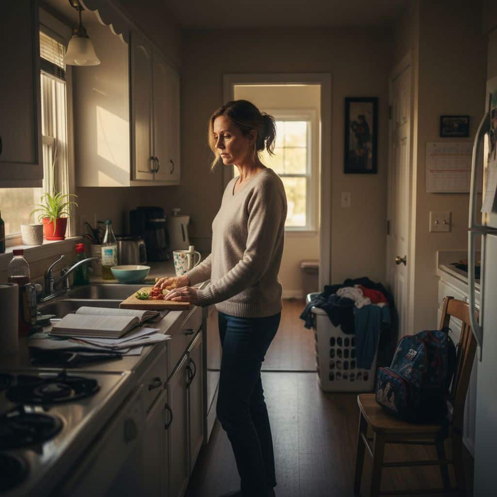 Une femme de plus de 45 ans se tient dans sa cuisine en fin de journée avec un visage fatigué illustrant son quotidien chargé et les effets de la charge mentale.
