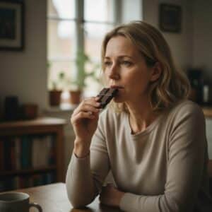 Une femme de plus de 45 ans mange du chocolat de manière distraite, montrant pourquoi il est important de comprendre comment arrêter de manger ses émotions.