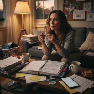 Une femme de plus de 45 ans organise des tâches domestiques dans son salon pour illustrer comment maigrir durablement lorsqu’elle est surchargée par les responsabilités du foyer.