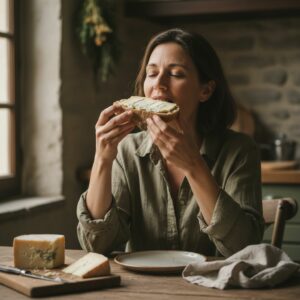 Comportement compulsif, représentant le cercle vicieux à briser pour arrêter de manger ses émotions. Fromage sur du pain en rentrant du travail.