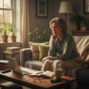 Une femme de plus de 45 ans réfléchit intensément sur son canapé entourée d’objets du quotidien.