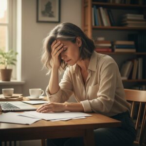 Une femme stressée de plus de 45 ans devant un snack ouvert, illustrant les causes profondes à travailler pour arrêter de manger ses émotions.
