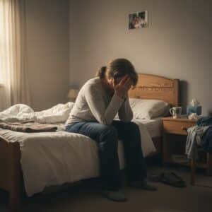 Une femme de plus de 45 ans assise sur le bord de son lit manifeste les symptômes tels que la fatigue, le stress et l'épuisement émotionnel.