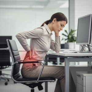 position assise au bureau inadéquate avec douleurs dorsales chez une femme